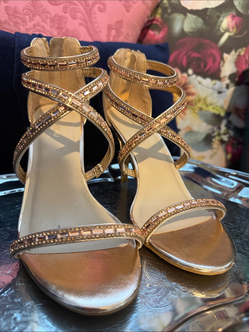 le chateau Rose Gold Crystal Strappy Heels size 7